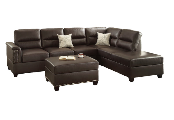 English Elm New Contemporary 3-PCS Reversible Sectional Sofa Set Espresso Faux Leather Chaise Ottoman Pillows Trimmed Studs B011S01062