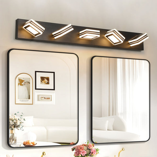 English Elm 34" Modern 5-Light LED Vanity Light Black Iron & Acrylic, Dimmable Hard-Wired Bathroom Mirror Fixture W2312P374873