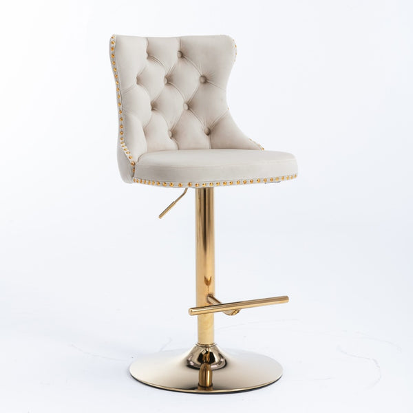 English Elm A&a Velvet Swivel Barstools Tufted Upholstered Seat Gold Base Adjustable Kitchen Pub Set Beige W114349916