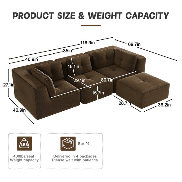 English Elm Modern Corduroy Sectional Sofa Tufted 3 Seater with Movable Ottoman Deep Seat Brown W714S01808