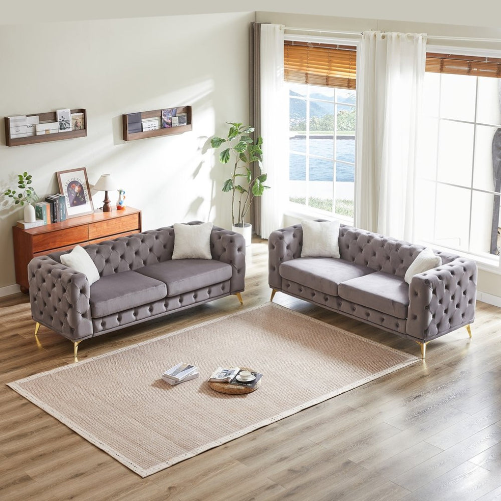 English Elm Fx Velvet Chesterfield Sofa Set Button Tufted Diamond Quilted Living Room Seating W1926S00091
