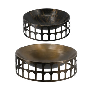 English Elm S/2 Iron Decorative Trays with Roman Arch Cutouts in Two Tone Gold Black W2078P440522