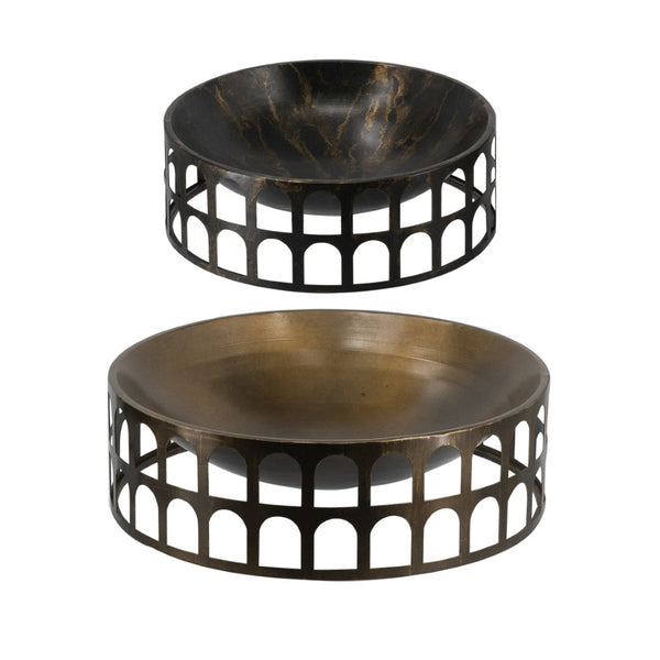 English Elm S/2 Iron Decorative Trays with Roman Arch Cutouts in Two Tone Gold Black W2078P440522