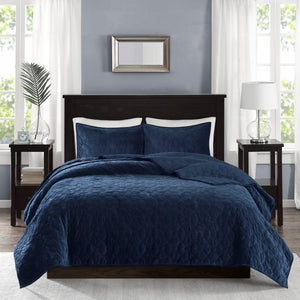 JLA Home Madison Park - 3 Velvet Quilt Set with Plush Geometric Quilting, Antimicrobial Finish, Silky Soft 3-Piece Bedding Navy MP13-3304