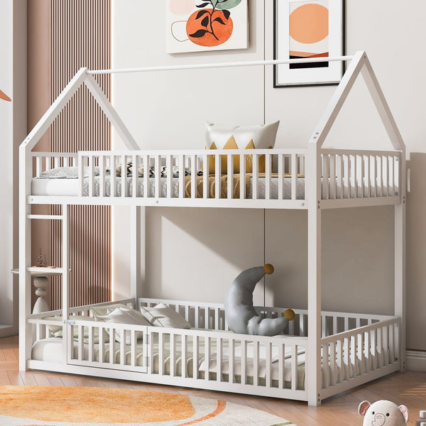 English Elm Metal Twin over Twin House Bunk Bed with Playful Roof, Sturdy Metal Frame, Quiet Support for Kids White N709P214091K