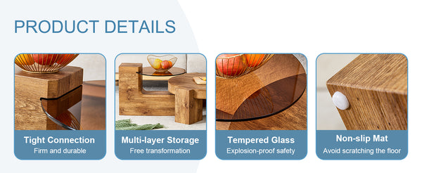 English Elm The detachable double-decker coffee table — Wood MDF, quick 10–15 min assembly, anti-collision, easy-clean modern design W1151P184841