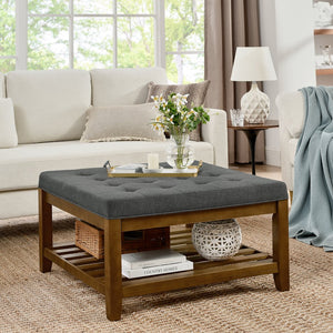 English Elm Upholstered Tufted Linen Square Ottoman Coffee Table with Solid Beech Shelf, 33.5" Large Seat Storage Dark Gray W2353P183798