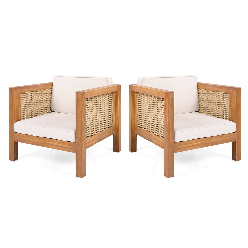 English Elm Acacia Wood Outdoor Lounge Chair with Wicker Arms Teak Finish Patio Seating N779P359686B-2