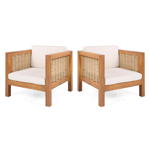English Elm Acacia Wood Outdoor Lounge Chair with Wicker Arms Teak Finish Patio Seating N779P359686B-2