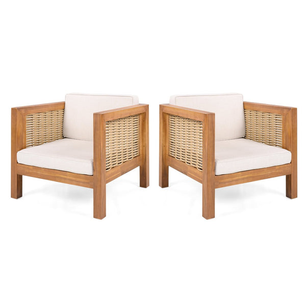 English Elm Acacia Wood Outdoor Lounge Chair with Wicker Arms Teak Finish Patio Seating N779P359686B-2