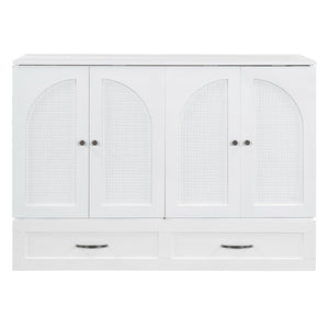 English Elm Full Size Murphy Bed Rattan Cabinet with Storage Drawers and Gold Hardware White N708S00009K