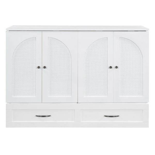 English Elm Full Size Murphy Bed Rattan Cabinet with Storage Drawers and Gold Hardware White N708S00009K