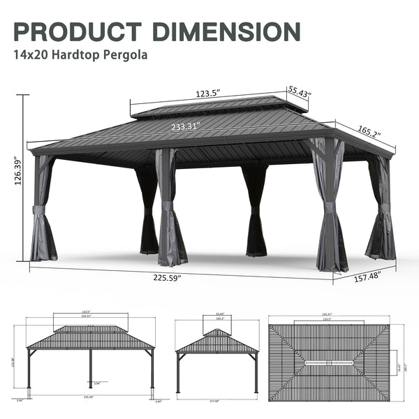 English Elm 14' X 20' Hardtop Gazebo – Stylish Metal Canopy With Drainage System, Privacy Curtains & Insect Netting W1859S00151