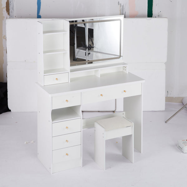 English Elm 41" Large Size Vanity Table Set With Cushioned Stool, Led Touch Mirror & Ample Storage For Glam Spaces W3258P296790