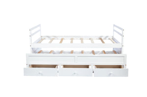 English Elm Twin Twin Size Bed with Trundle and Three Storage Drawers, Space-Saving Pine Frame with Classic Headboard White W504P197162