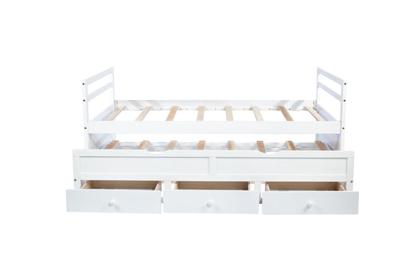 English Elm Twin Twin Size Bed with Trundle and Three Storage Drawers, Space-Saving Pine Frame with Classic Headboard White W504P197162