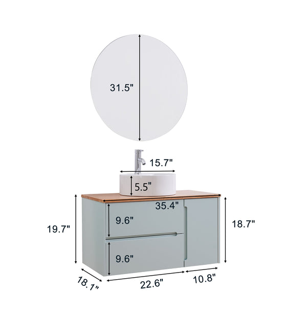 English Elm 36-Inch Modern Minimalist Wall-Mounted Bathroom Vanity With Blue Cabinet & Natural Wood Top Design W3151S00008