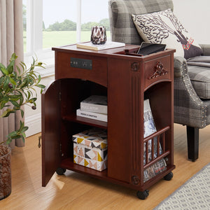 English Elm Powered Narrow End Table with Charging Station, Walnut Bedside Table with Wheels, USB Ports, Storage W1693P227261