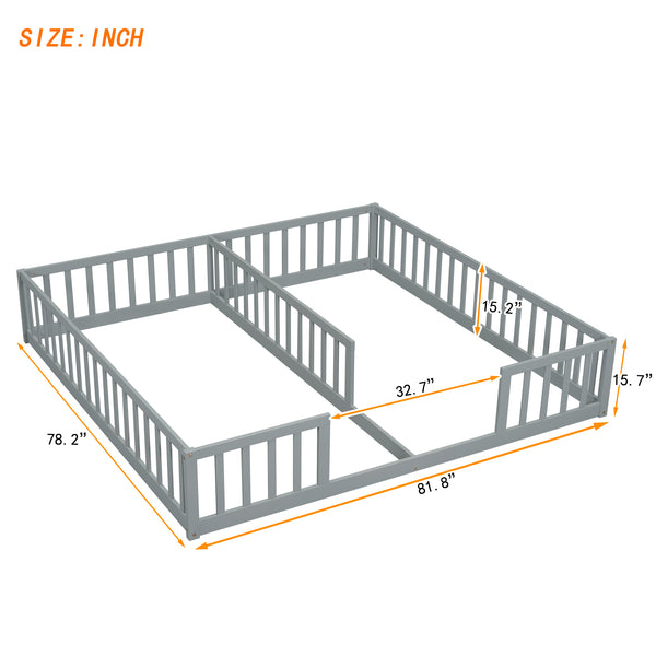English Elm Double Twin Floor Bed With Safety Guardrails – Modern Grey, Compact Design For Shared Spaces! W504P143285
