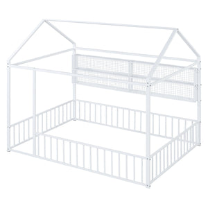 English Elm Full Metal House Bed Frame Full Size with Built-In Fence and 4 Grid Shelves for Durable Storage and Style White N737P175361K