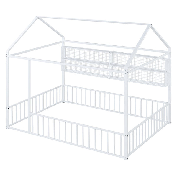 English Elm Full Metal House Bed Frame Full Size with Built-In Fence and 4 Grid Shelves for Durable Storage and Style White N737P175361K
