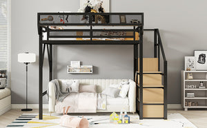 English Elm Full Size Loft Bed With Stairs & Storage Shelves - Stylish Metal Bed For Kids & Teens, Black Finish W2580S00029