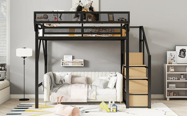 English Elm Full Size Loft Bed With Stairs & Storage Shelves - Stylish Metal Bed For Kids & Teens, Black Finish W2580S00029