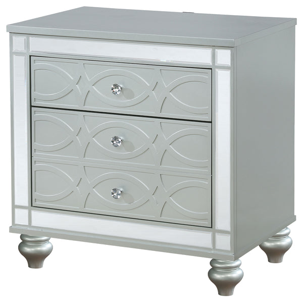 English Elm Menlo Silver Metallic 2-Drawer Nightstand with Mirrored Trim, Crystal Knobs, Felt Lined Drawer & USB Ports B062P378587