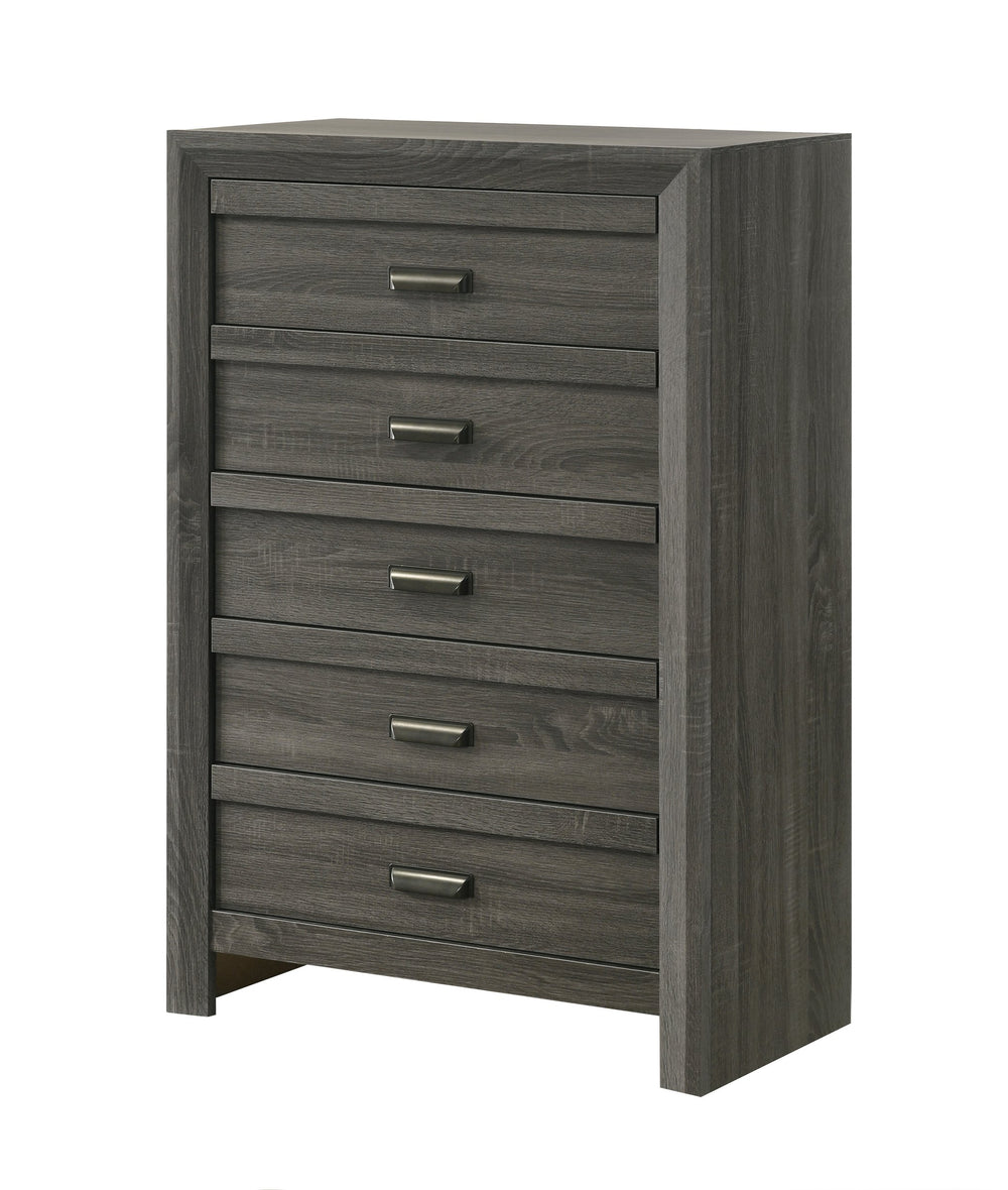 English Elm 1pc Rustic Contemporary Chest with Five Drawers, Metal Pulls, Distressed Finish for Stylish Bedroom Storage Gray 33.82 L x 18.19 W x 51.37 H B011P368147