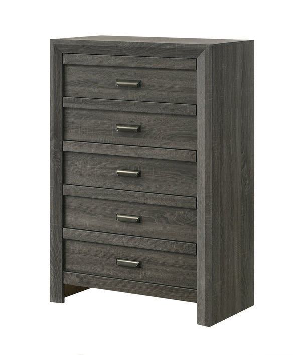 English Elm 1pc Rustic Contemporary Chest with Five Drawers, Metal Pulls, Distressed Finish for Stylish Bedroom Storage Gray 33.82 L x 18.19 W x 51.37 H B011P368147