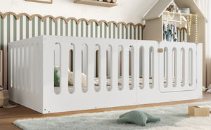 English Elm Twin Solid Pine Montessori Floor Bed with House Frame Door and Safety Fence Light White W5305P420632