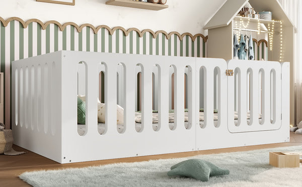 English Elm Twin Solid Pine Montessori Floor Bed with House Frame Door and Safety Fence Light White W5305P420632