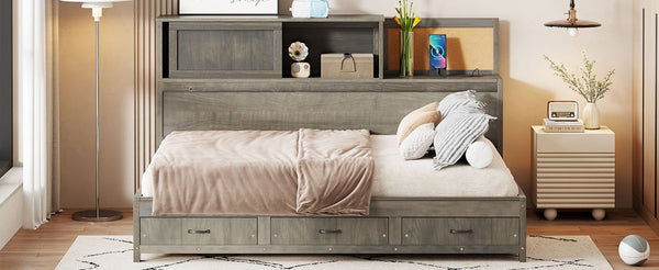 English Elm Full Size Gray Wood Daybed with Storage Drawers Shelf Usb Charging Upholstered Back LP002025AAE-1