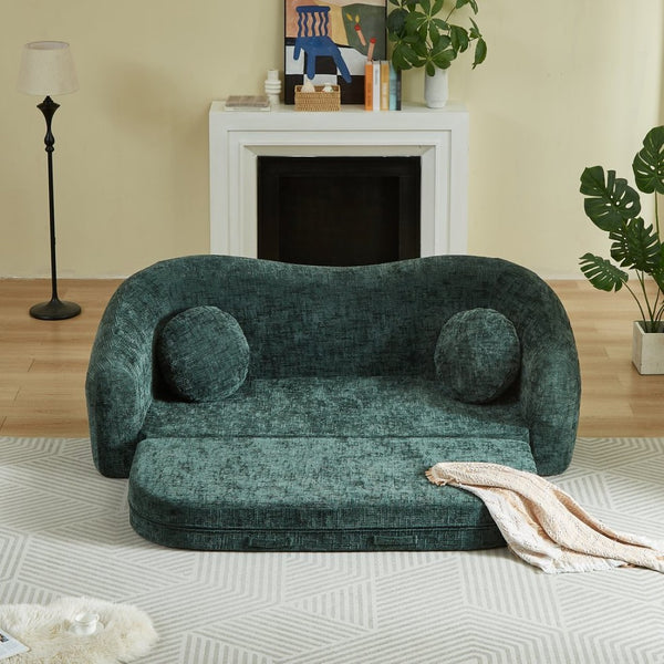 English Elm 86-inch Curved Chenille Convertible Sofa Recliner Frameless Folding Two-seater for Living Room Green W3505P452833