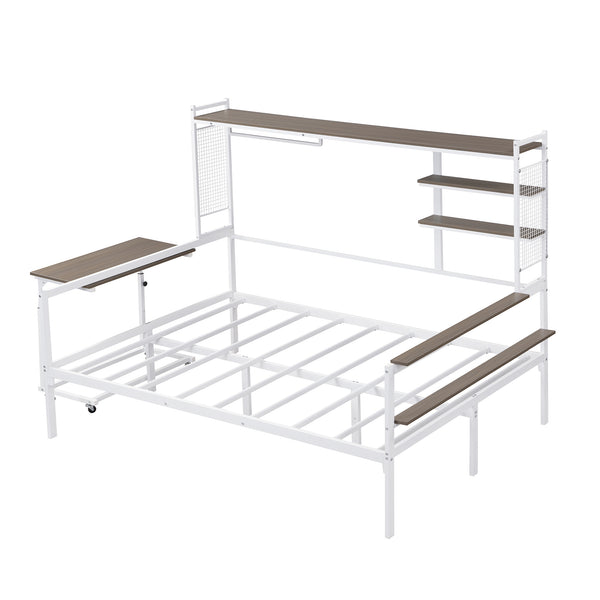 English Elm Full Size Metal Daybed With Movable Desk, Shelves & Clothes Hanger - Space-Saving Industrial Design N737P199321K