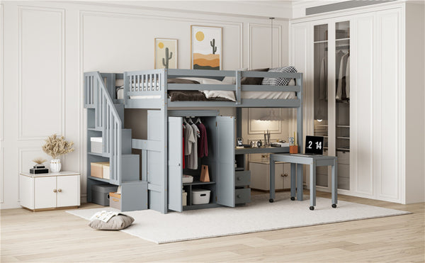 English Elm Queen Murphy Bed with Integrated Desk Cabinet Shelves Space Saving Studio Solution Gray N708S00014E
