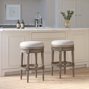 English Elm 31in. Swivel Barstool Faux Leather Seat Nailhead Trim Carved Walnut Frame Kitchen Bar Gray B2751P436439