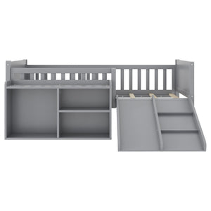 English Elm Twin Low Loft Bed for Kids with Slide Climbing Structure and Movable Bookshelf W2593P457237