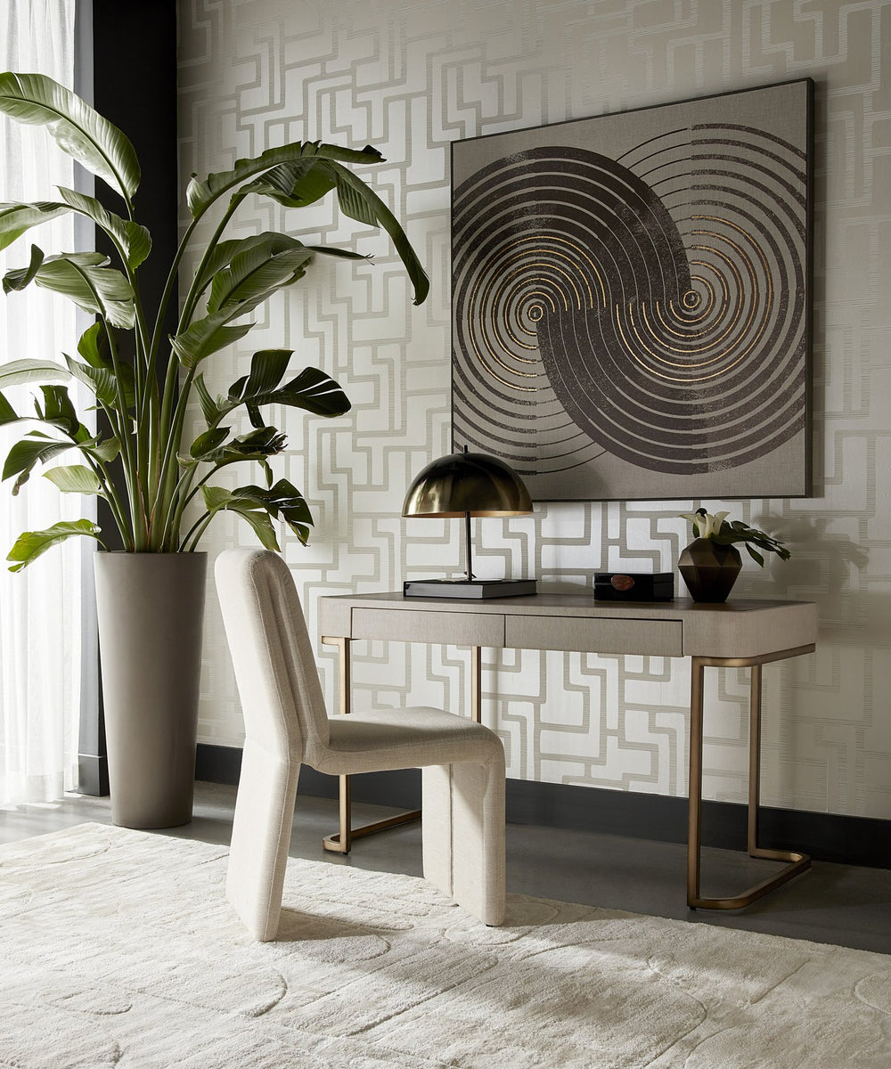 Sunpan Jamille Desk - Elegant Curved Design with Cream Faux Leather & Brown Oak Veneer, 2 Soft Close Drawers