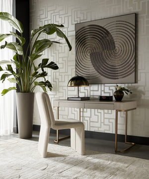 Sunpan Jamille Desk - Elegant Curved Design with Cream Faux Leather & Brown Oak Veneer, 2 Soft Close Drawers