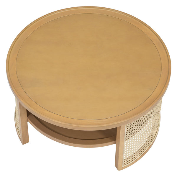 English Elm 2-Tiered Round Natural Wood Coffee Table with Rattan Storage Shelf, Thick Top, Curved Edge Design 31.3" N735P185131N