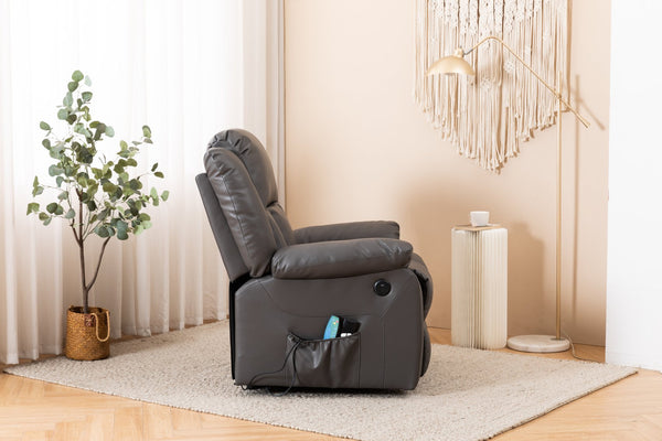 English Elm Electric Power Massage Recliner with Heating & USB Charging, PU Leather, Extra-Dense Cushion Comfort Dark Gray B205S00069