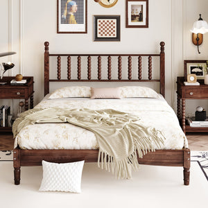 English Elm Queen Wood Platform Bed with Gourd-Shaped Headboard, Retro-Inspired Solid Frame, Slat Support, Sturdy Elegance Walnut 64.8 L x 17.5 W x 9.5 H N733P206242D