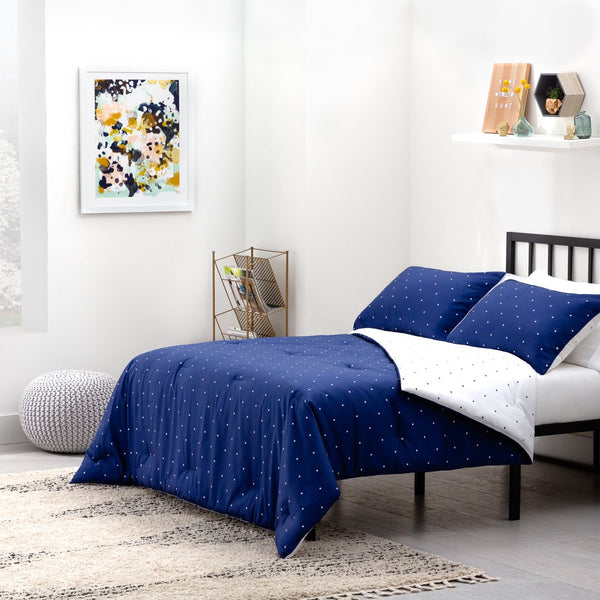 English Elm Linenspa Navy Polka Dot Microfiber Comforter Oversized King with Reversible Chic Design & Hypoallergenic Fill B350P326216