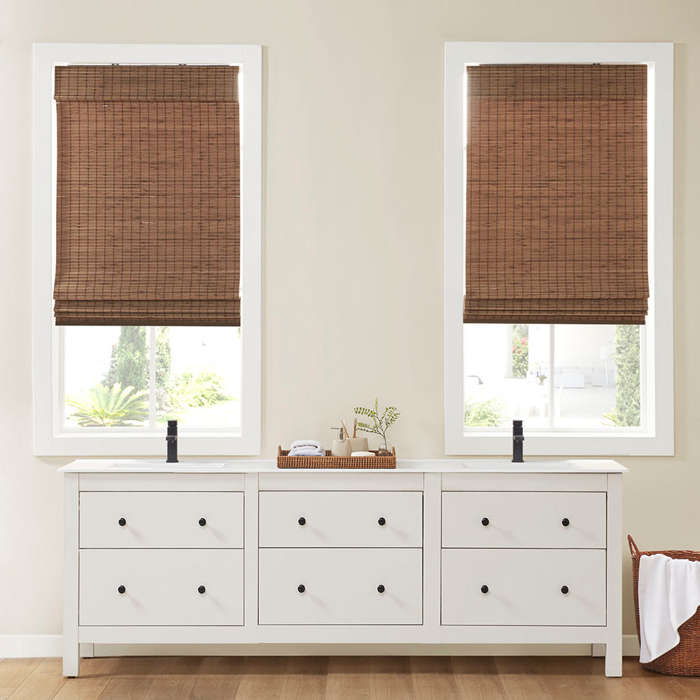 JLA Home Madison Park - Bamboo Handwoven Light-Filtering Roman Shade 64" – Cordless Natural Privacy, Easy Install Hardware Teak MP40-7810