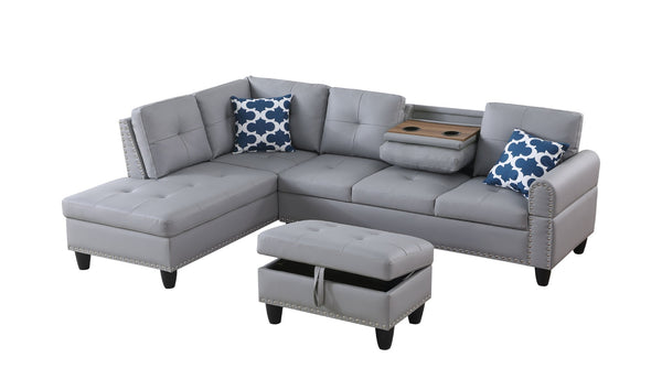 English Elm Black Faux Leather Sectional Sofa with Cup Holders Storage Ottoman and Nailhead Trim Gray B2730S00021