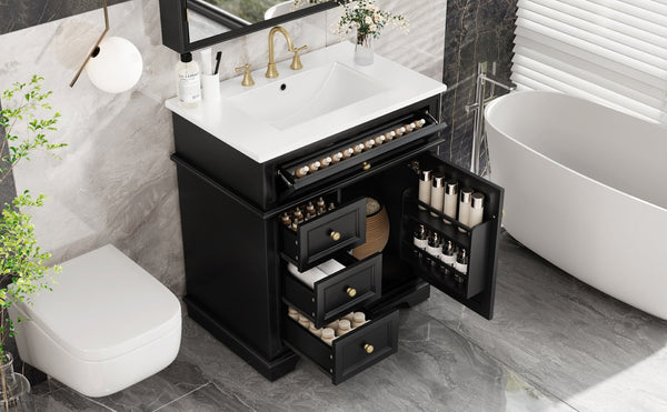 English Elm 30" Freestanding Bathroom Vanity Acacia Wood Matte Black Finish Gold Knobs Ceramic Sink N759P227429B