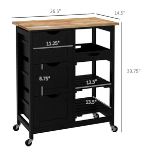 English Elm HOMCOM Rolling Kitchen Island Cart with Butcher Block Top, 3 Drawers, Shelves & 360° Wheels (Black) W2225P217389