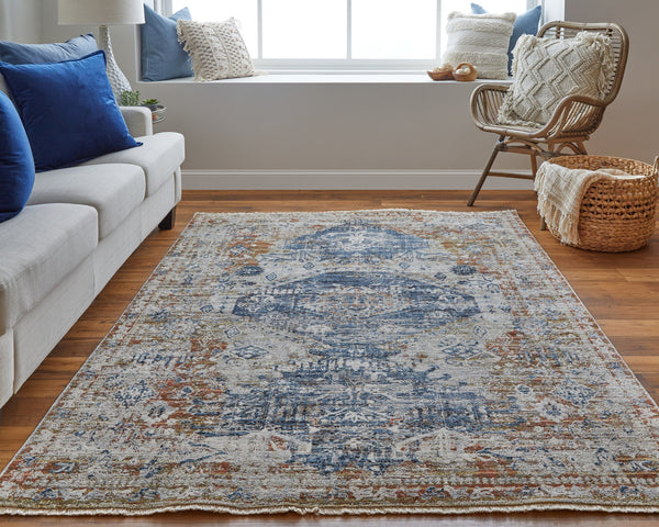 Feizy Rugs Kaia Luxurious Low Pile Medallion Area Rug - Soft, Durable, And Fade-resistant For High Traffic Areas Ivory,Orange,Blue Polypropylene,Viscose,Polyester Kai39hwfbluredj00