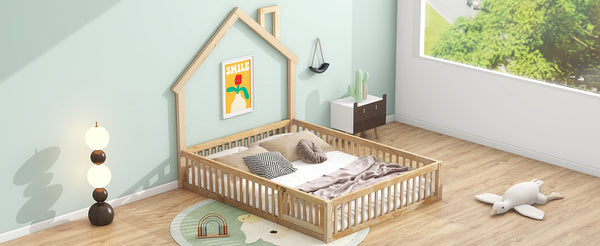 English Elm Wood House Platform Bed Full Size with Guardrail & Playful Frame, Sturdy Pine, Kid-Safe Design Natural N709P171852M